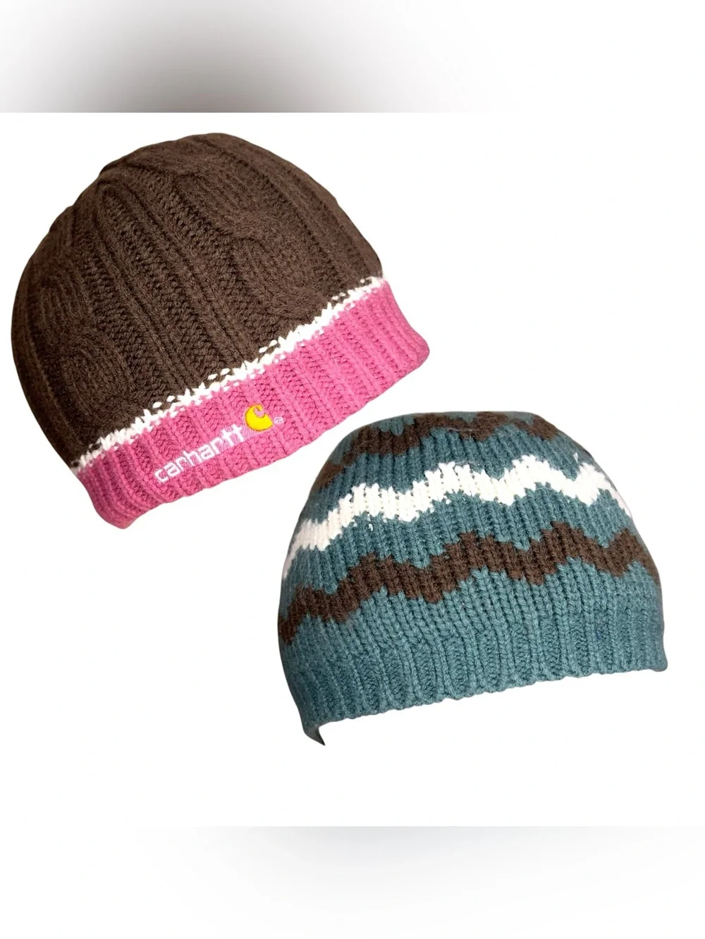 Set Of 2 Carhartt Beanie Knit Hats Women Brown Pink Blue Fleece Lined Cable Knit